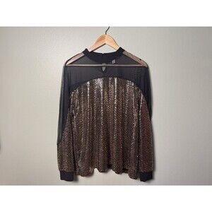 Nine West Women's Black Gold Sequins Knit Sheer Mesh Long Sleeve Top Size L